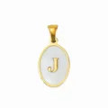 Gold-plated stainless steel white mother of pearl letter J oval pendant necklace accessory. - Oval Shell Letter J