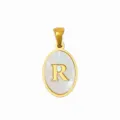 Gold Stainless Steel White Mother of Pearl Oval Letter R Pendant Necklace Accessory - Oval Shell Letter R