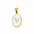 Gold stainless steel oval letter V pendant with mother-of-pearl inlay for DIY necklace. - Oval Shell Letter V