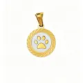Gold titanium steel round pendant with white mother of pearl and cute paw print design for DIY. - Paw