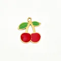 Stainless steel cherry pendant, red and green enamel DIY charm jewelry accessory parts. - 25 Double Leaf Long Branch Cherry