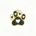 Stainless steel pet paw pendant gold plated black white enamel heart charm DIY necklace bracelet - Black and White Heart Paw Print
