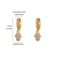 Gold plated Hamsa hand drop hoop earrings with clear cz paving and size annotations - Hamsa Hand Style (6) / Gold