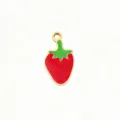 Gold-trimmed red enamel strawberry pendant charm for DIY jewelry making, bracelets, and earrings. - Long Green Stem Strawberry