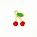 Gold titanium steel cherry pendant red green oil drop DIY bracelet necklace jewelry accessory - Long Stem Single Leaf Cherry