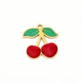 Gold titanium steel red cherry pendant with green leaf, cute enamel DIY jewelry accessory. - Broad Leaf Cherry
