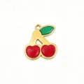 Gold titanium steel cherry pendant charm for handmade DIY bracelets and earrings jewelry. - Short Stem Single Leaf Cherry