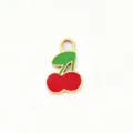 Gold enamel cherry pendant DIY charm accessory for necklace bracelet earring making - 18 Single Leaf Green Stem Cherry