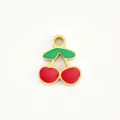 Titanium steel cherry pendant enamel red green fruit charm for handmade DIY jewelry making accessories - 19 Short Stem Double Leaf Cherry