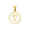 Gold-tone round mother-of-pearl letter T pendant charm for DIY handmade jewelry making accessories. - Letter T