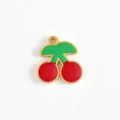 Titanium steel red and green cherry charm pendant, cute DIY handmade jewelry accessory. - 23 Double Leaf Green Stem Cherry