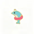 Stainless steel cute dolphin pendant charm with pink swim ring for DIY jewelry making - 1 Cartoon Dolphin