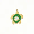 Gold stainless steel turtle charm with green enamel and hibiscus flower for DIY jewelry. - 11 Green Shell Turtles