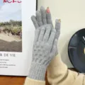 Grey knitted fingerless touch screen gloves, warm winter women vintage thermal mittens. - Gray