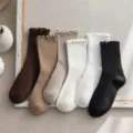 Womens cotton ruffles stack mid tube socks sweet style daily wear casual hosiery pairs. - One Size / Dark Coffee