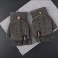 Women winter warm half finger flip knit gloves dark grey thermal convertible fingerless mittens - One Size / Dark Grey with English Logo