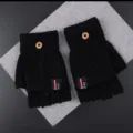 Black knitted fingerless convertible gloves for winter warmth and daily student outdoor use. - One Size / Black With English Label