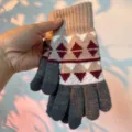 Knitted Winter Gloves Warm Soft Retro Geometric Pattern Casual Cold Weather Mittens - Khaki