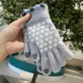 Grey fuzzy touch screen gloves with cute pom poms, thick warm winter gloves for women - One Size / Gray