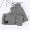 Women's half-finger knitted wool gloves, warm convertible winter flip mittens in grey. - One Size / Light Grey with English Logo