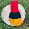 Color-block knit winter gloves for women, touchscreen exposed fingers, warm wool material. - Yellow Green Red