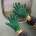 Winter warm fuzzy knitted gloves for women, green plush touch screen split finger mittens. - Dark Green