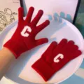 Red knitted winter touchscreen gloves for women with cute white letter C pattern warm thick. - Red