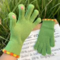 Green knit fingerless gloves with orange yellow pom pom details for women winter warm - Green