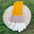 Color-blocked knitted winter warm gloves, touch screen open finger extended woolen gloves. - White Khaki Yellow