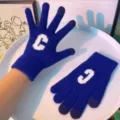 Blue winter warm knitted touchscreen gloves with white letter C design for women and students. - Blue