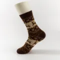Retro Christmas women socks with reindeer snowflake knit patterns and metallic yarn. - Coffee