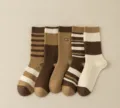 Women's autumn winter mid-tube socks brown striped knit casual cute cozy hosiery - One Size / Fine Striped Cuffs