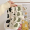 Fluffy winter warm mid-calf socks cute cartoon cow and dinosaur fleece thermal sleep socks for women - One Size / One Pair of Each Style (Set of 3)