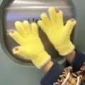 Women winter warm fuzzy knit half finger gloves yellow soft plush fleece winter outdoor gloves - Yellow