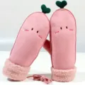 Cute plush winter mittens for women, thick fleece lined warm gloves with neck hanging string. - One Size / Pink