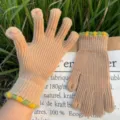 Beige knit fingerless gloves with colorful bobbles, warm winter touch screen gloves variant. - Khaki