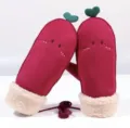 Cute winter plush mittens for women, warm fleece-lined red gloves with green heart decor. - One Size / Burgundy
