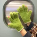 Green fuzzy half-finger knitted gloves for women winter warm cute colorful pom-pom design - Grass Green
