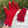 Red knit fingerless gloves for women winter warm touch screen wool gloves with blue white trim. - Red