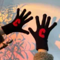 Women winter knit gloves touchscreen warm thick fleece lined black gloves with red letter design. - One Size / Black