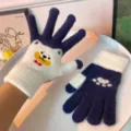 Winter cute cartoon animal fleece thick warm knit gloves for women and men, blue white five fingers - Blue & White