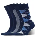 Men's breathable mid-calf dress socks set, featuring argyle, striped, and solid navy blue designs. - One Size / Multicolor