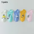 Close-up detail of 5 pairs of cute cartoon cat ankle socks, breathable summer low-cut boat socks. - One Size / Multicolor