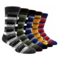 Detailed view of plus size retro striped men's crew socks, colorful cotton casual socks. - L / Multicolor