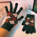 Πράσινα πλεκτά γάντια καρό touch screen, ζεστά χειμερινά μάλλινα γάντια argyle γυναικεία. - Σκούρο Πράσινο