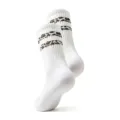Detailed close-up shot of white crew socks featuring stylish leopard print striped cuffs. - One Size / White
