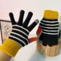 Striped knit touch screen gloves for women, warm winter thermal gloves with bright cuffs. - Striped Black