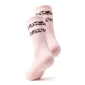 Close-up detail of pink yoga pilates socks featuring brown leopard stripes and anti-slip grip sole. - One Size / Pink
