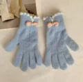 Guanti in maglia con fiocco da donna, caldi guanti invernali touchscreen azzurri. - Celeste