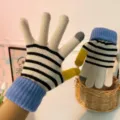 Winter warm knit gloves touchscreen color block striped cute wool gloves for women - Striped Beige White